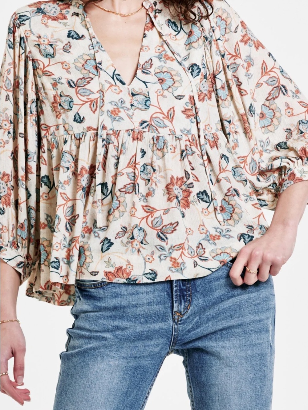 Dear John Blouse Denim Peasant Floral Cream Blues Pinks Bell Sleeves Vneck Tie M